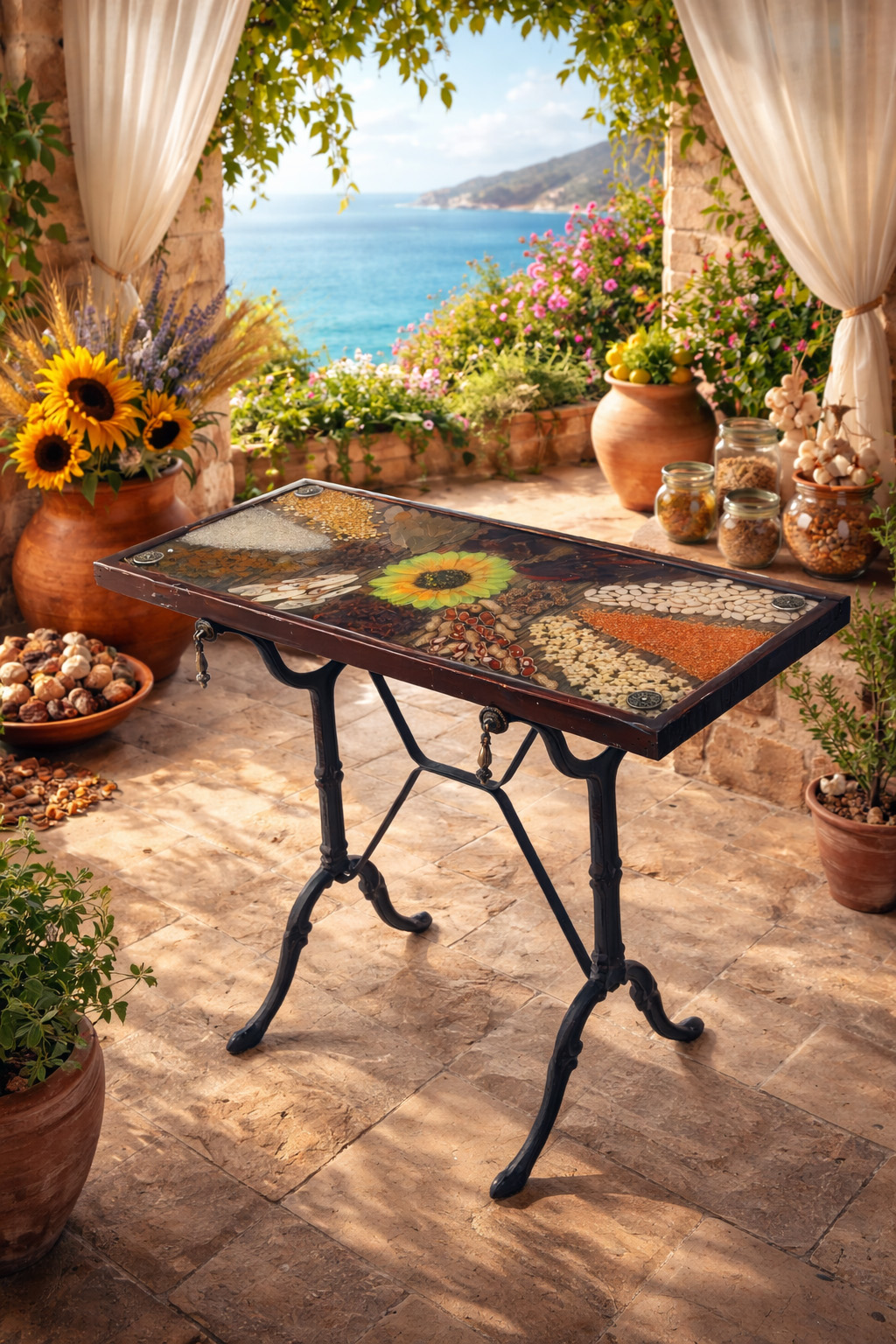 Mesa de semillas y alimentos
